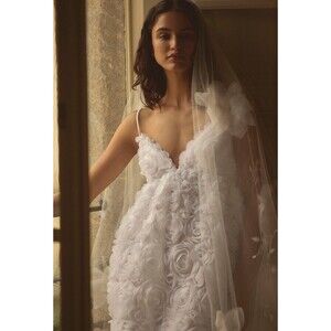 Anthropologie BHLDN Mini Dress Ivory V Neck Tulle Rosette Wedding Large NWT